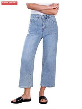 Wide Leg Cropped High Waisted Button Fly Stretch Denim Jeans
